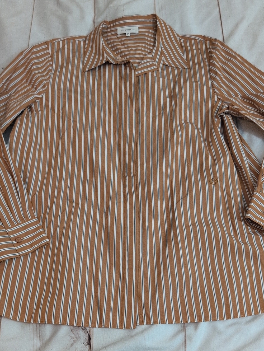 Lafayette 148 New York Striped Cotton Shirt XL Camel White Hidden Button